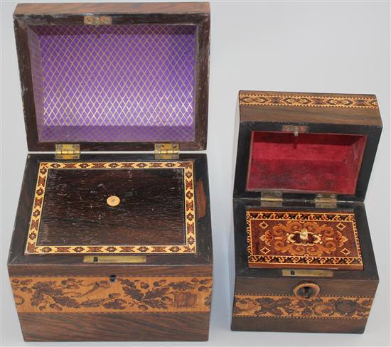 A Tunbridge ware rosewood flower basket mosaic dome top tea caddy and a similar smaller tea caddy, 5.5in.